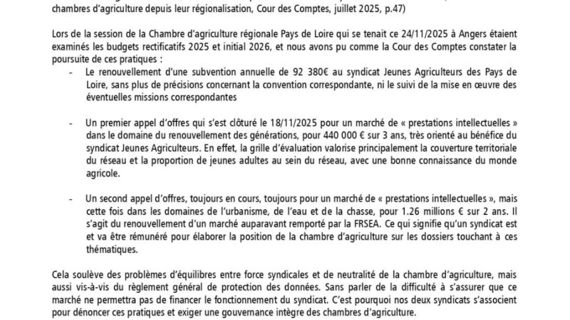 Communiqué de presse : Le réseau FRSEA/JA se finance sur le dos des agriculteurs