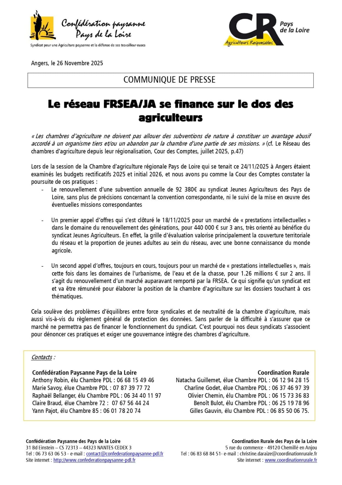 Communiqué de presse : Le réseau FRSEA/JA se finance sur le dos des agriculteurs