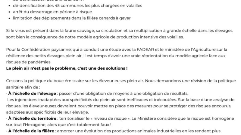 La Confédération Paysanne et le GAB appellent à une révision urgente de la politique sanitaire