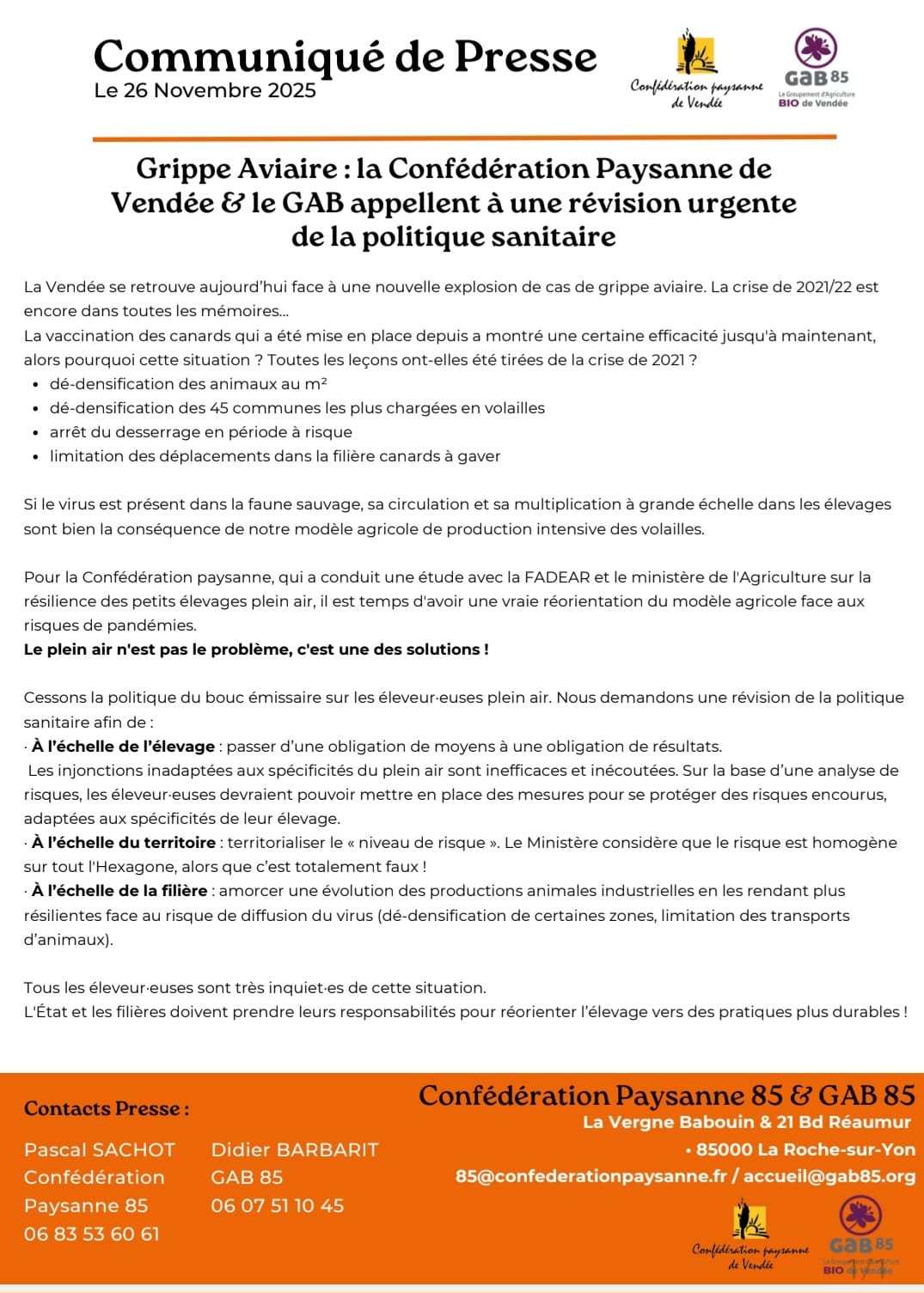 La Confédération Paysanne et le GAB appellent à une révision urgente de la politique sanitaire