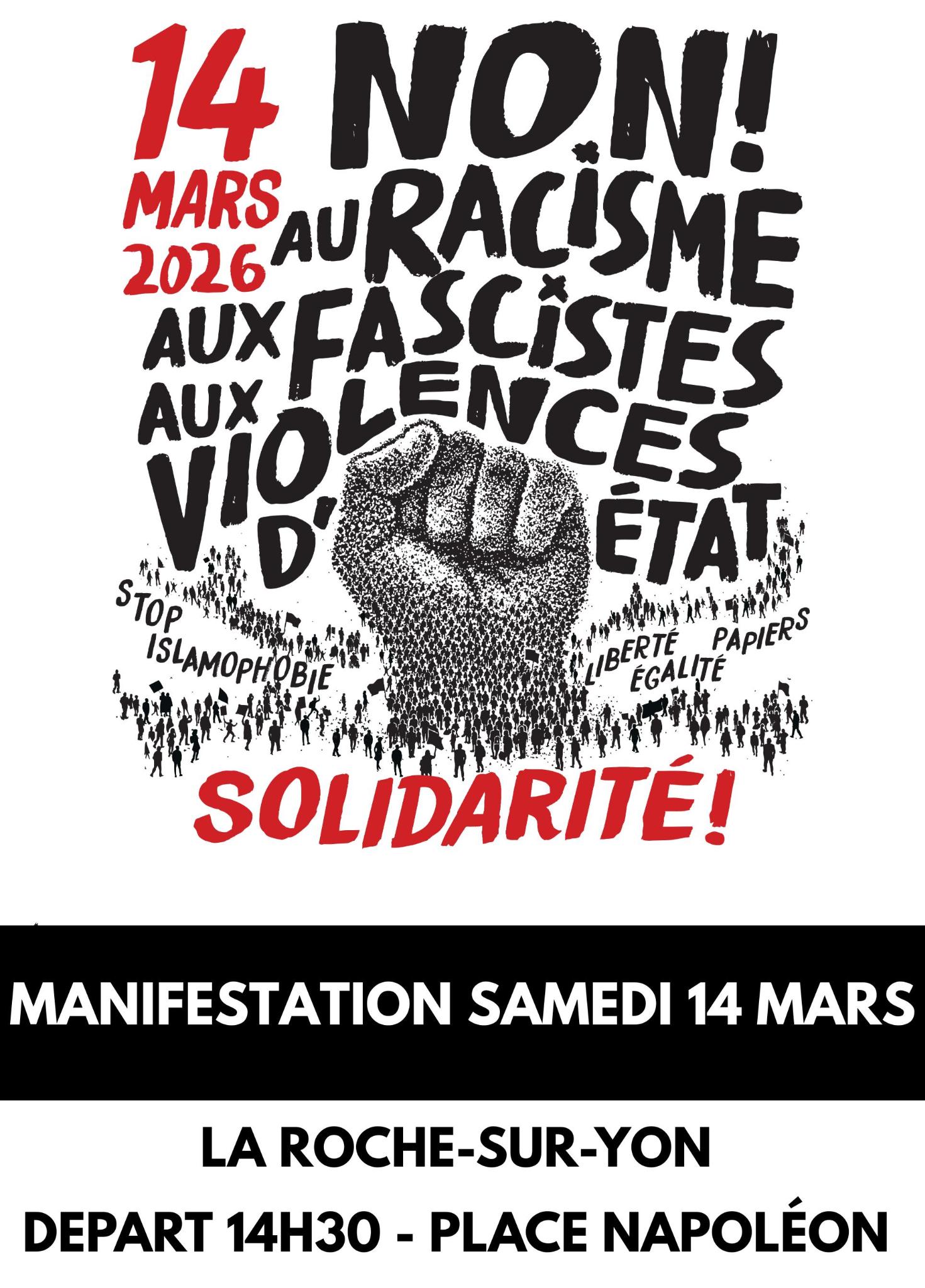 Manifestation pour la solidarité / antiraciste / antifasciste - samedi 14 mars - 14h30 - Place Napoléon