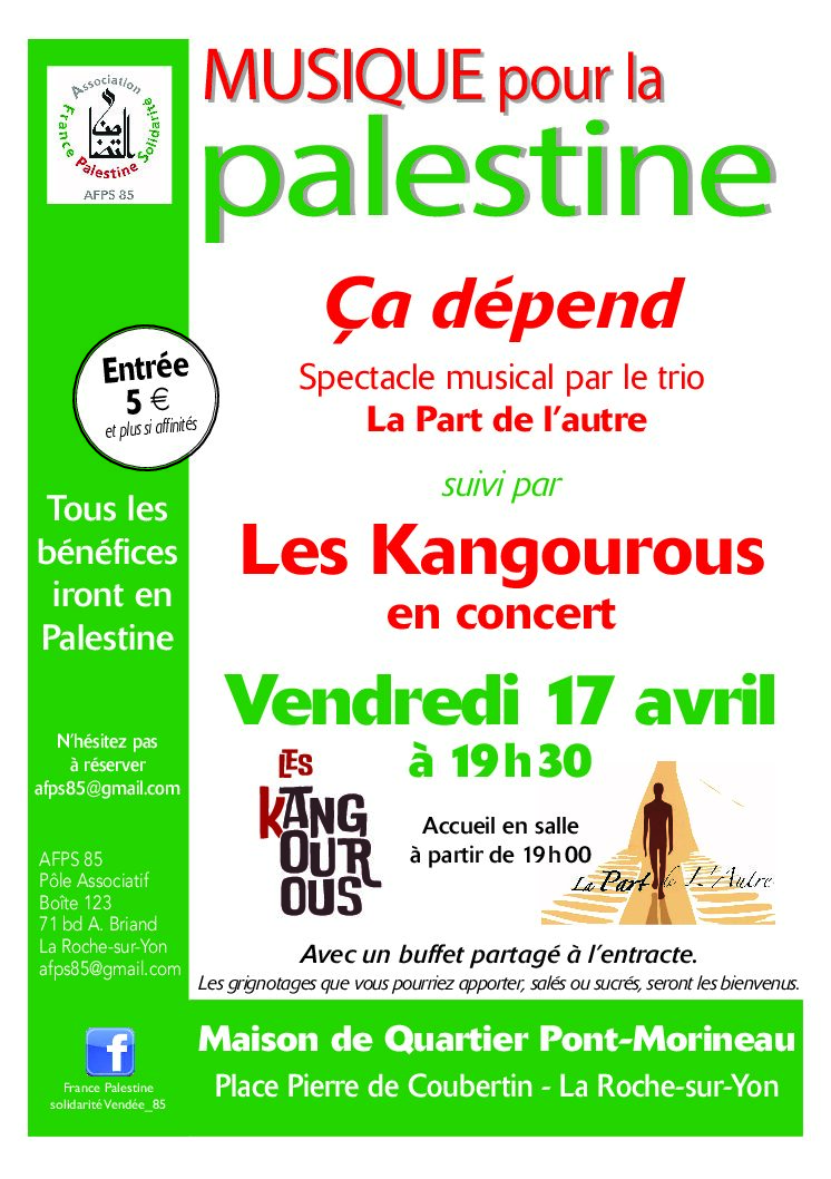 Soirée musicale et festive en soutien à la Palestine à la Maison de quartier du Pont Morineau à La Roche-sur-Yon le 17 avril 2026 et pétition loi Yadan