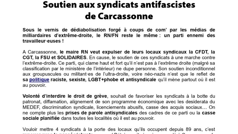 Soutien aux syndicats antifascistes de Carcassone ! Communiqué VISA 85