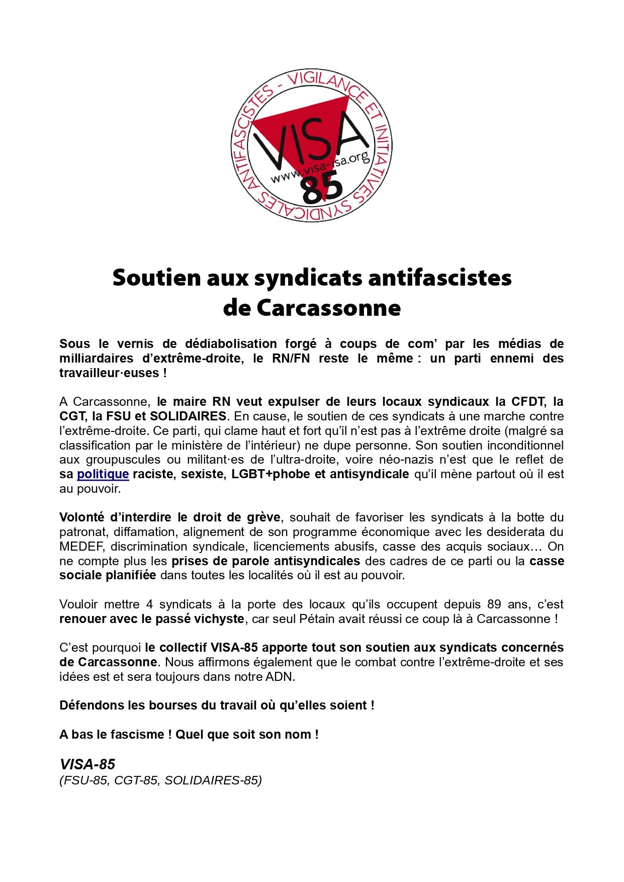 Soutien aux syndicats antifascistes de Carcassone ! Communiqué VISA 85