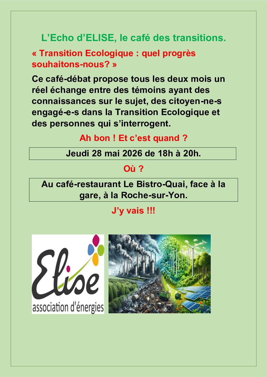Jeudi 28 mai « Transition Ecologique : quel progrès souhaitons-nous? » - café débat - 18h
