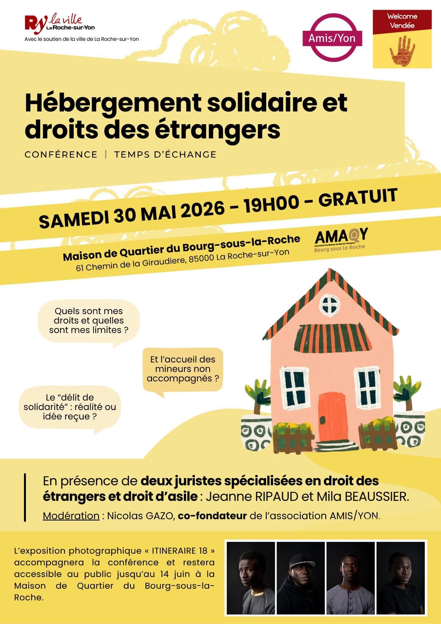 Samedi 30 mai - 19h : Conférence Hébergement Solidaire et droit des Etrangers organisé par Amis sur Yon et Welcome Vendée 