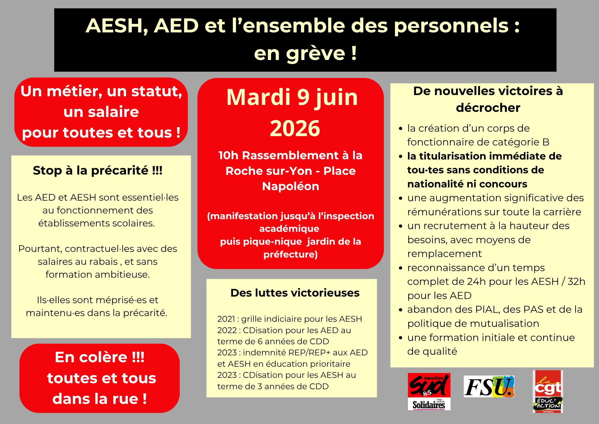 En grève le mardi 9 juin avec les AESH-AED RDV 10h Place Nap LRSY